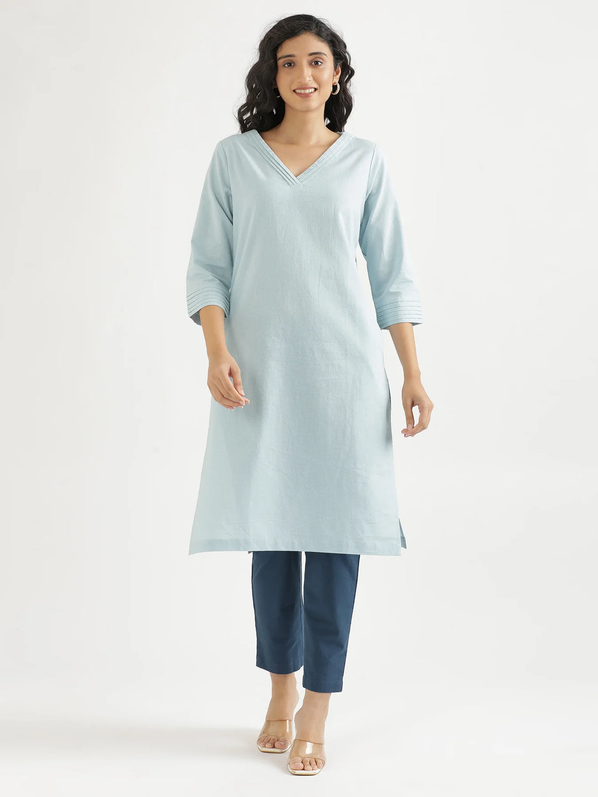 Women Sky Blue Airy Linen V-Neck Long Kurta