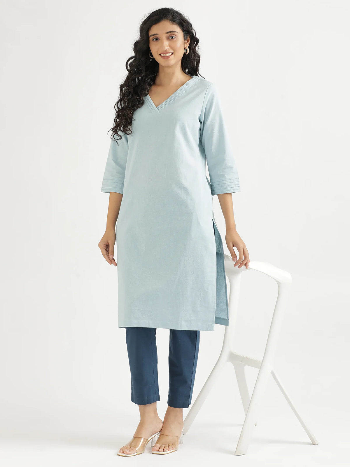 Women Sky Blue Airy Linen V-Neck Long Kurta