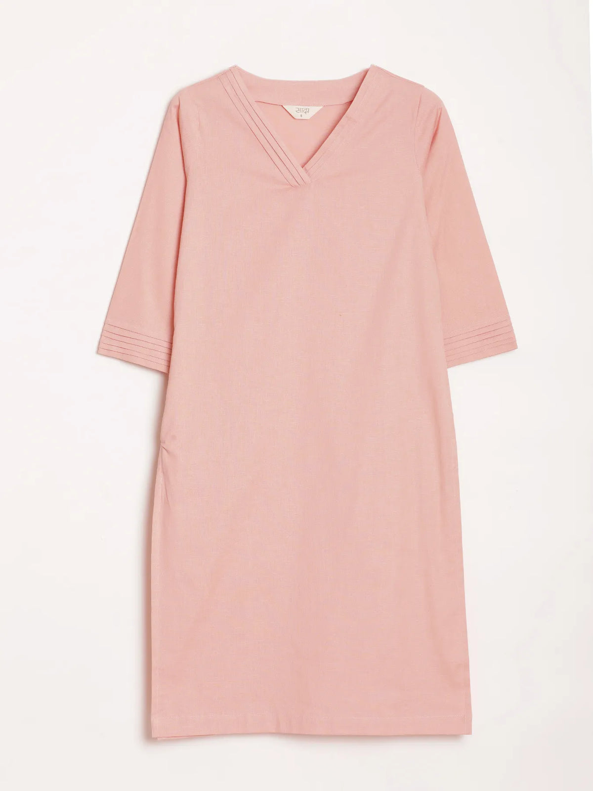 Women Salmon Pink Airy Linen V-Neck Long Kurta