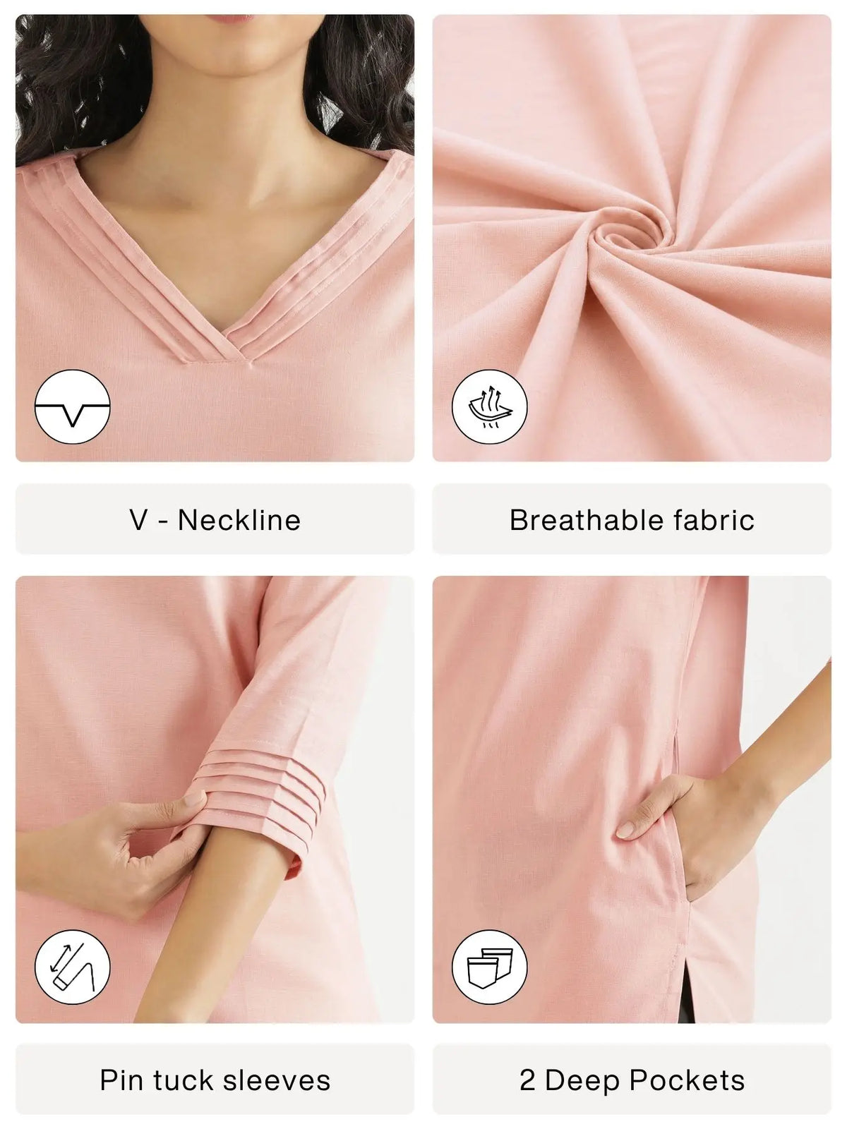 Women Salmon Pink Airy Linen V-Neck Long Kurta
