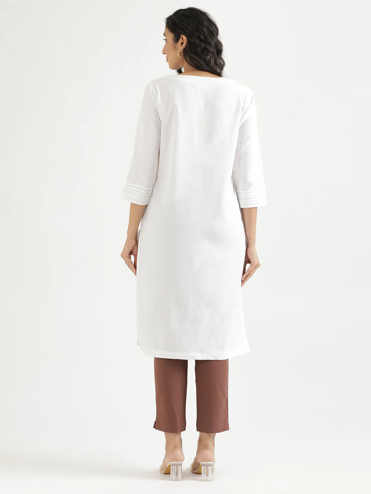 Women White Airy Linen V-Neck Long Kurta