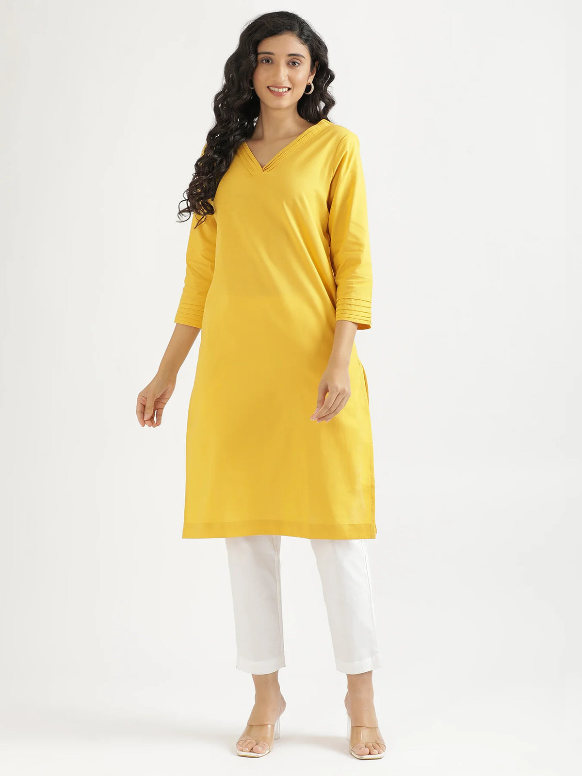 Women Yellow Airy Linen V-Neck Long Kurta