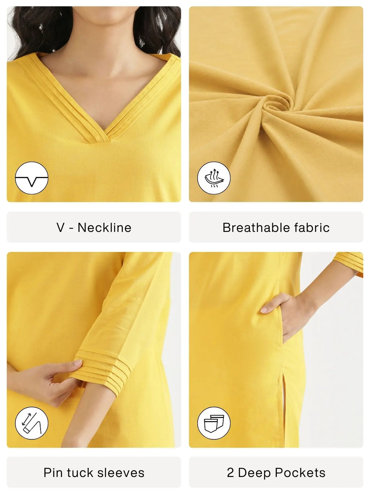 Women Yellow Airy Linen V-Neck Long Kurta