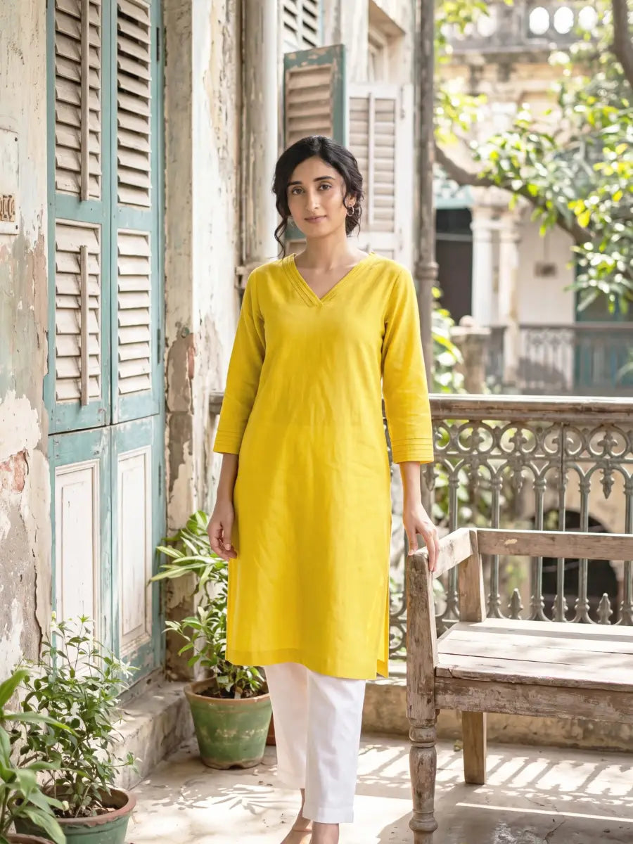 Women Yellow Airy Linen V-Neck Long Kurta