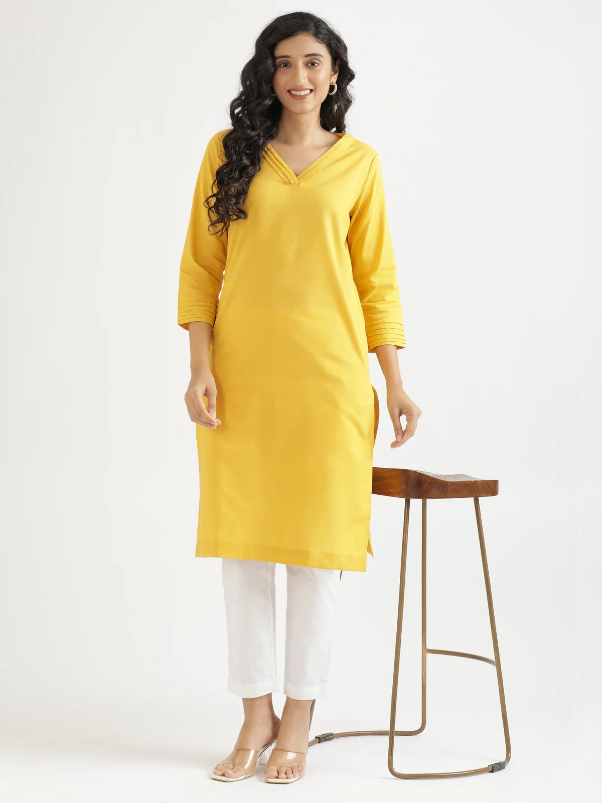 Women Yellow Airy Linen V-Neck Long Kurta