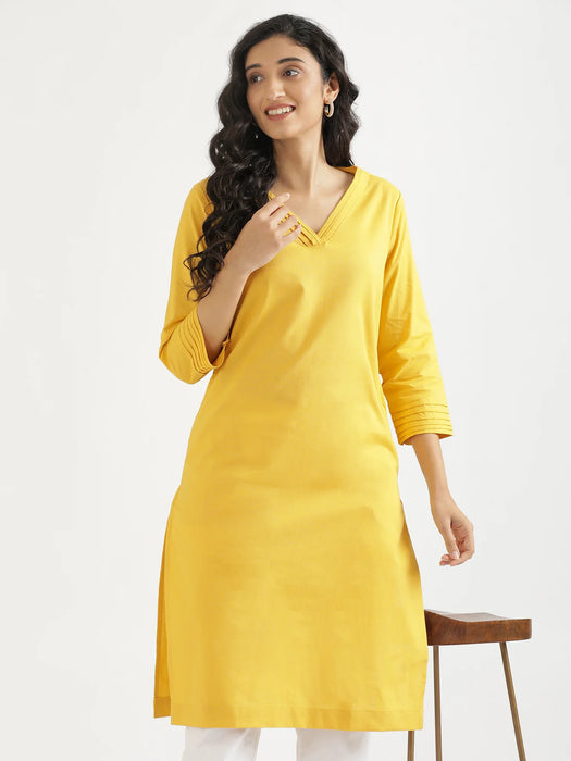 Women Yellow Airy Linen V-Neck Long Kurta