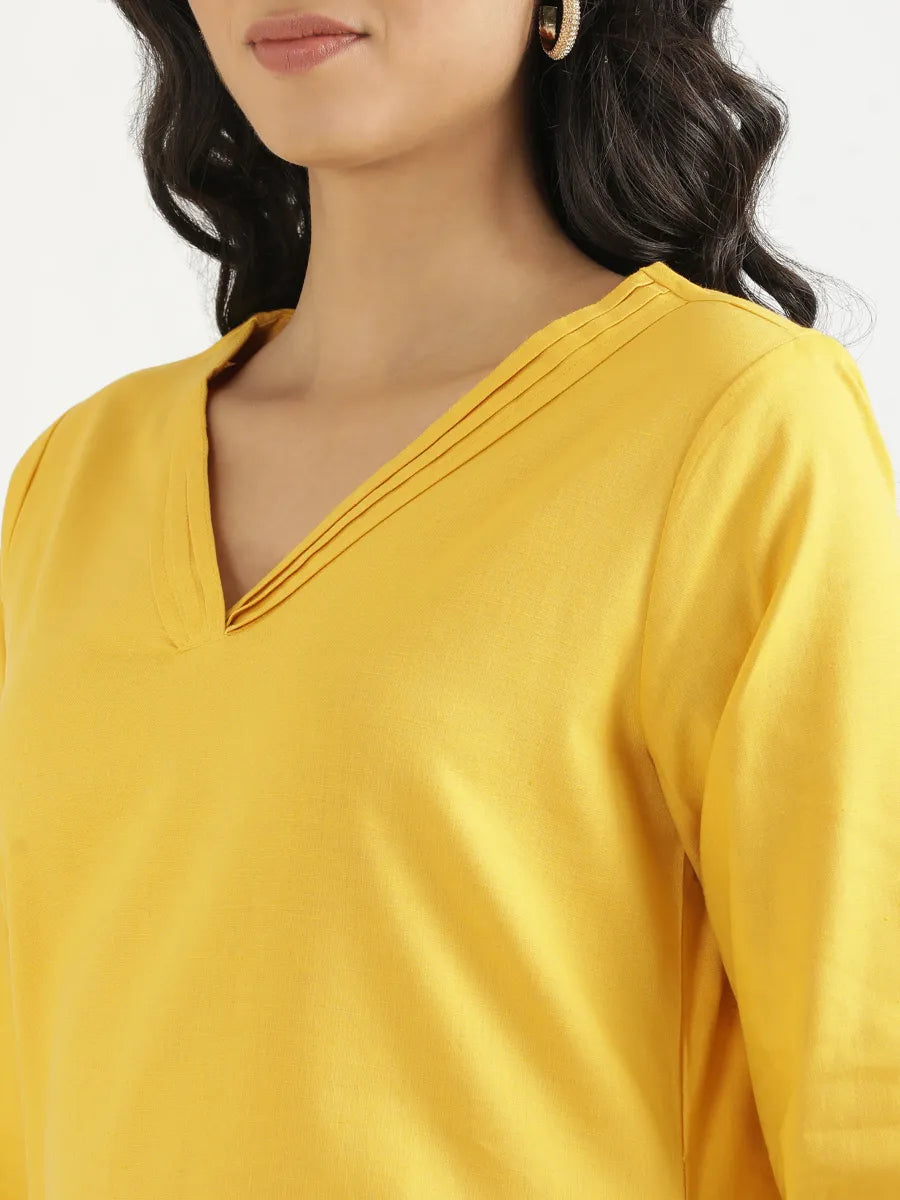 Women Yellow Airy Linen V-Neck Long Kurta
