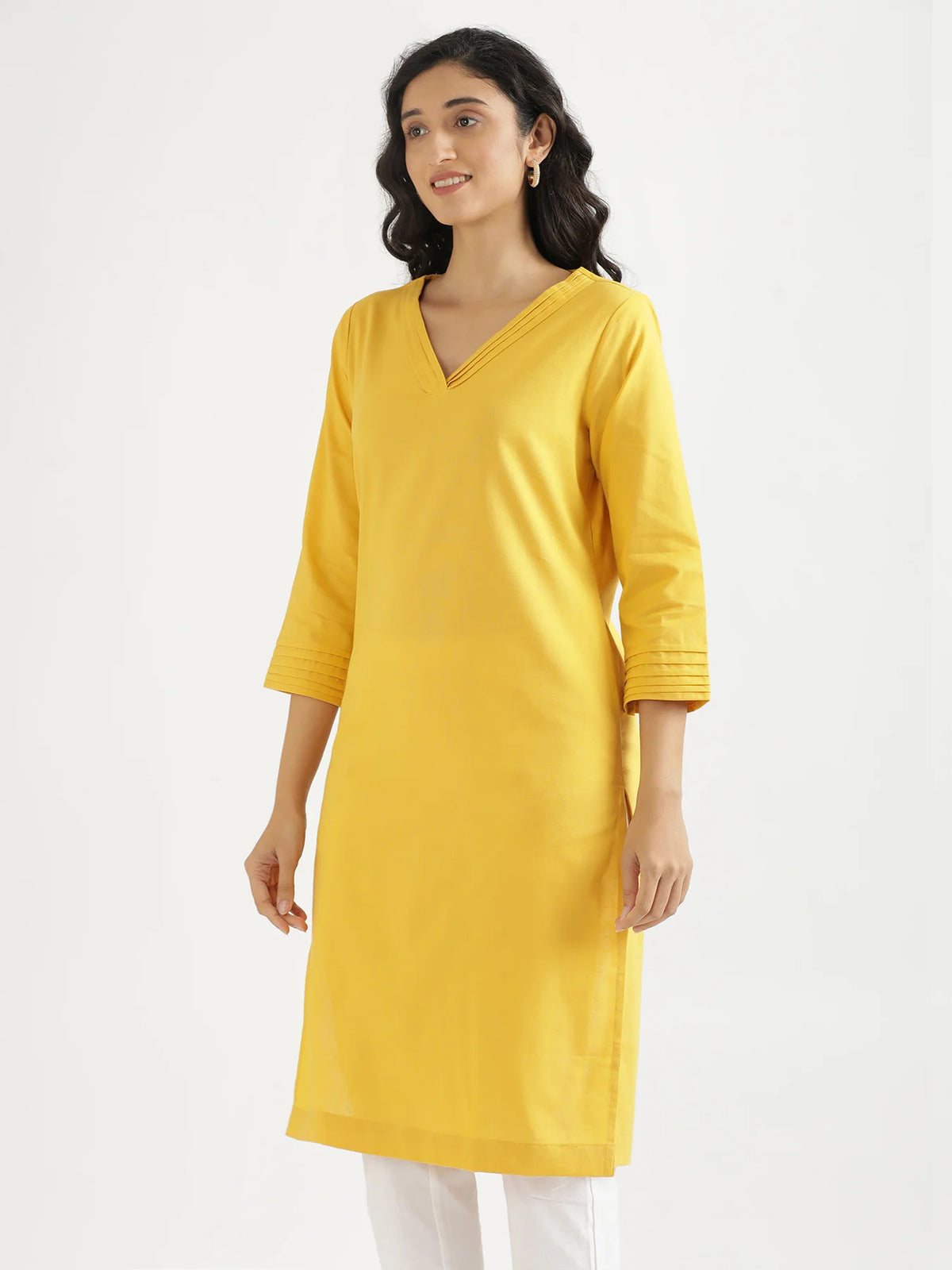 Women Yellow Airy Linen V-Neck Long Kurta