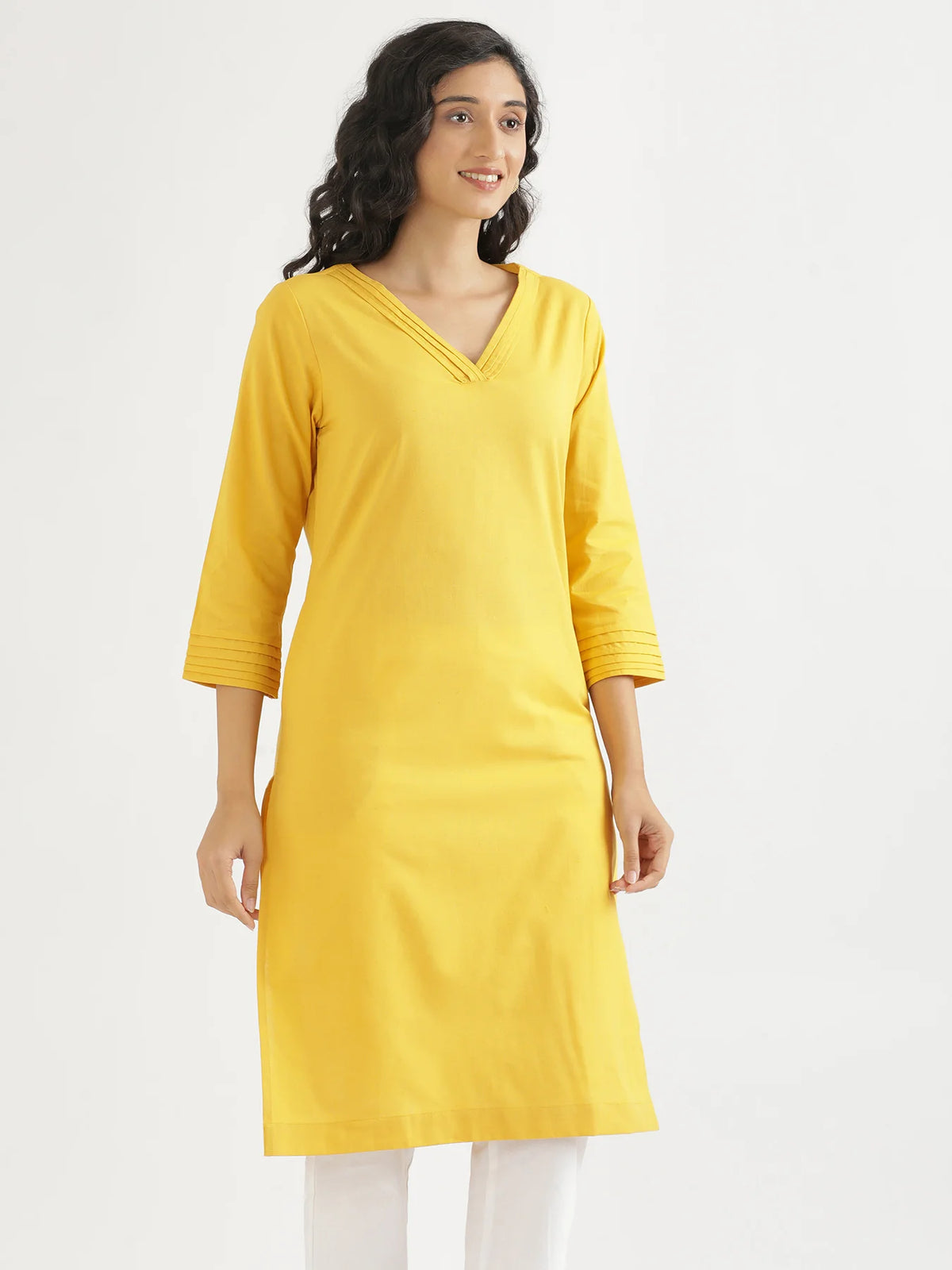 Women Yellow Airy Linen V-Neck Long Kurta