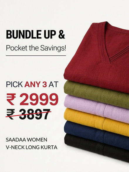 Pick Any 3 banner - Pick Any 3 Women Airy Linen V-Neck Long Kurta