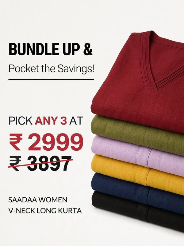 Pick Any 3 Women Airy Linen V-Neck Long Kurta