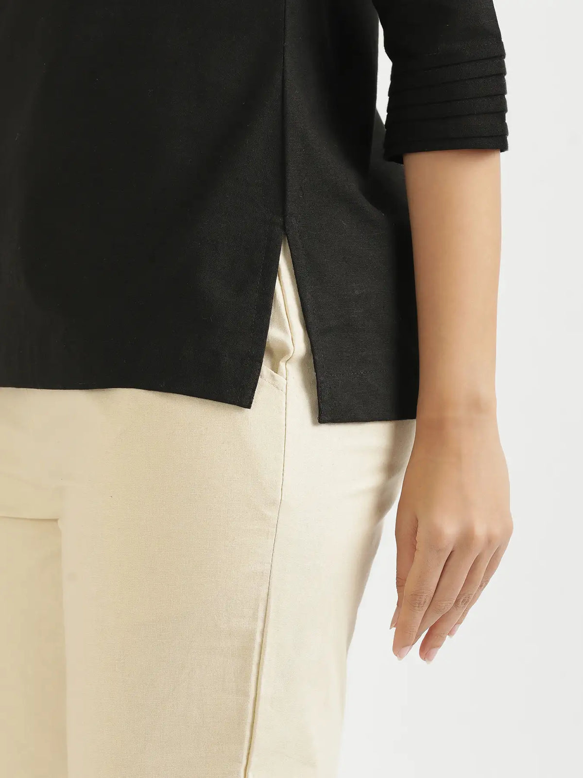 Women Black Airy Linen V-Neck Short Kurta