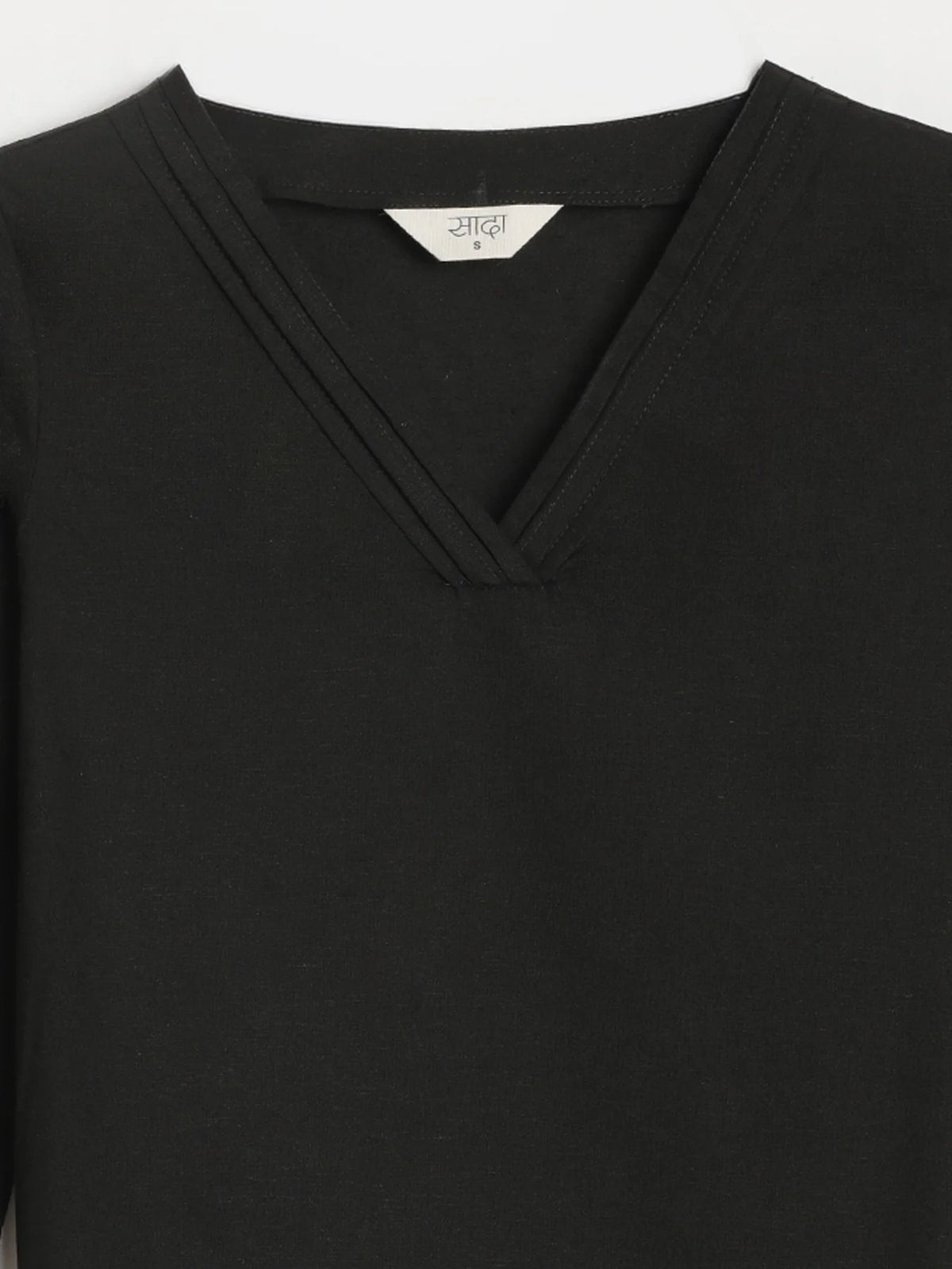 Women Black Airy Linen V-Neck Short Kurta