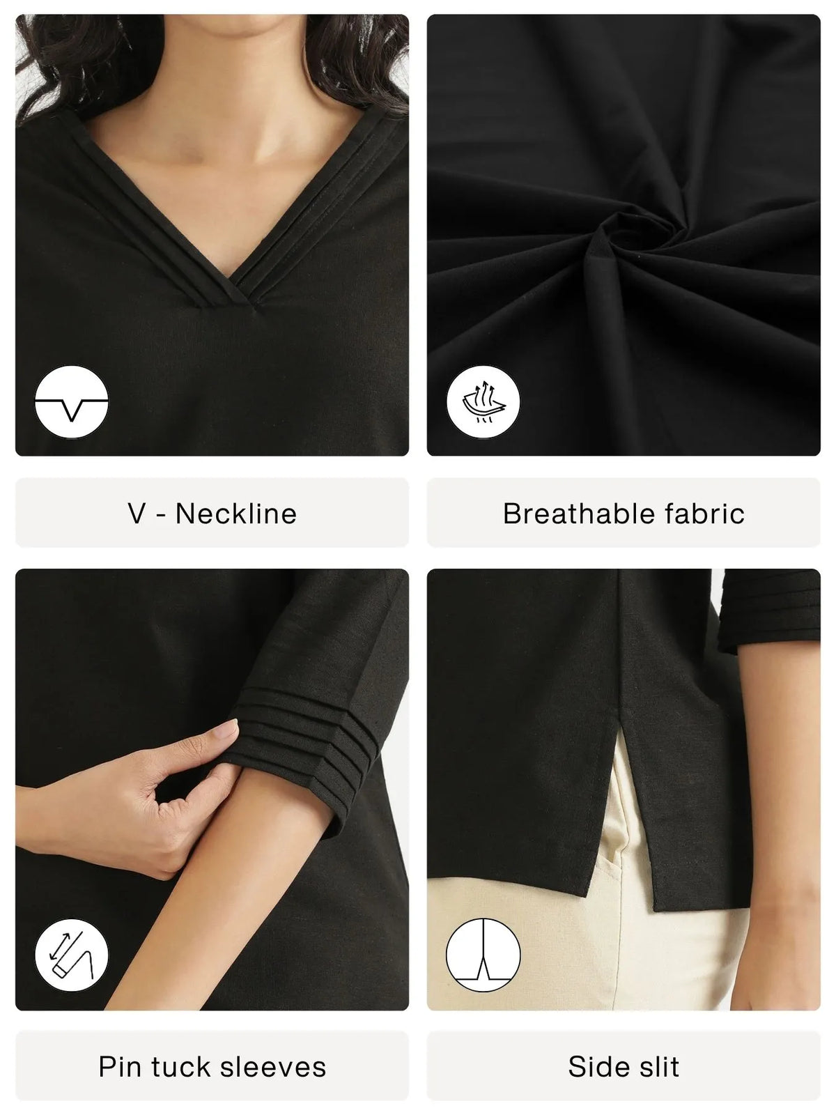 Women Black Airy Linen V-Neck Short Kurta