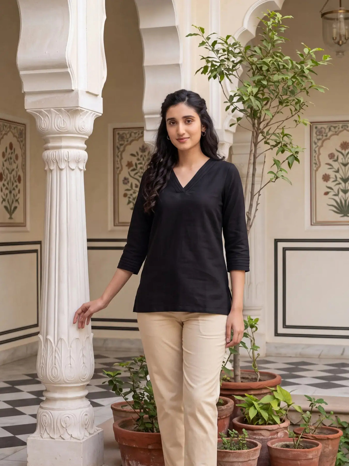 Women Black Airy Linen V-Neck Short Kurta