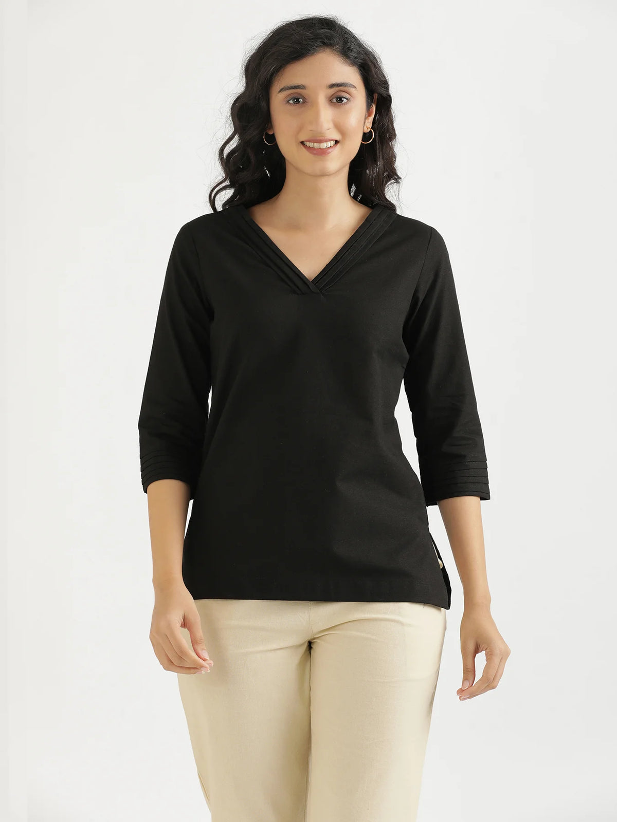 Women Black Airy Linen V-Neck Short Kurta