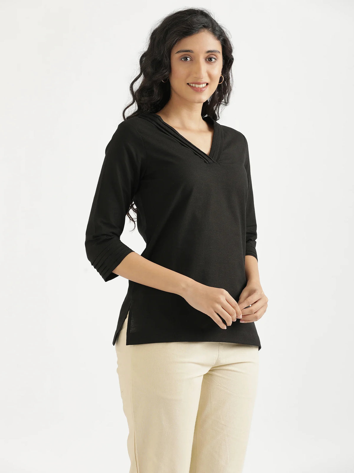 Women Black Airy Linen V-Neck Short Kurta