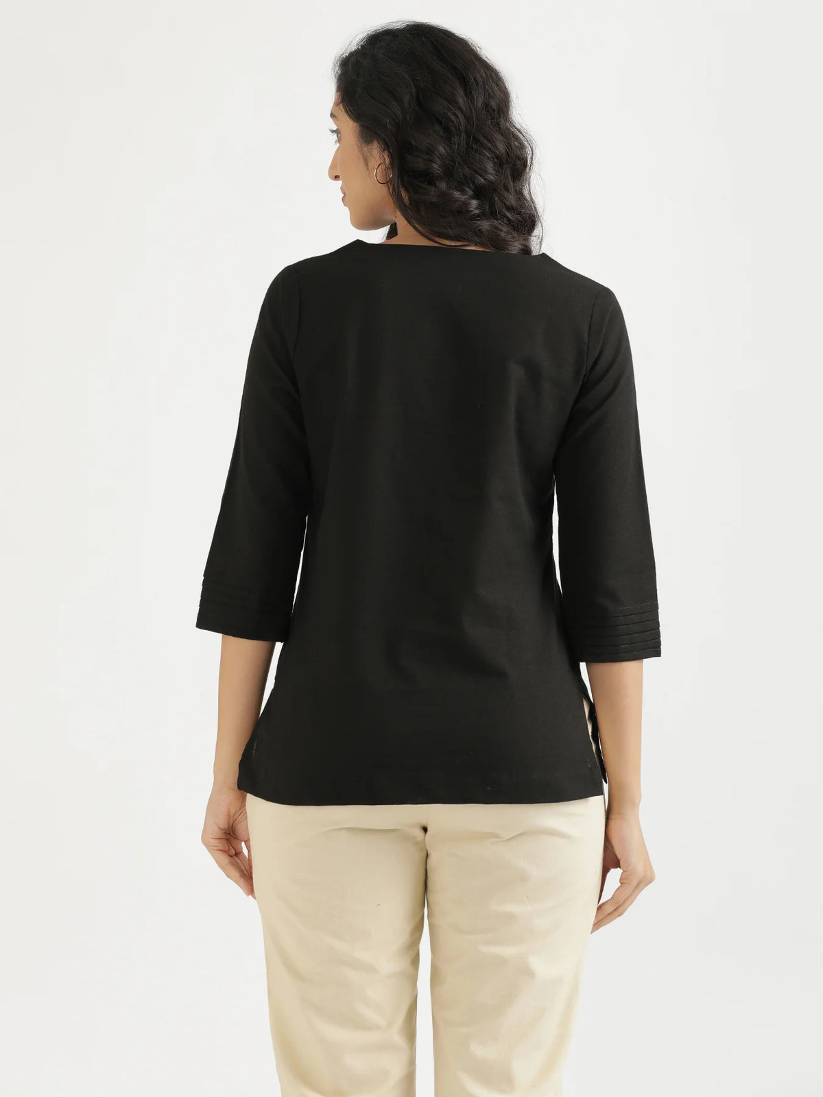 Women Black Airy Linen V-Neck Short Kurta