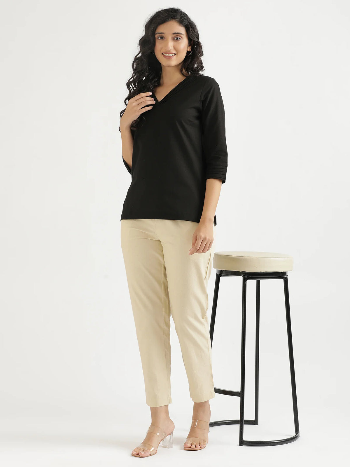 Women Black Airy Linen V-Neck Short Kurta