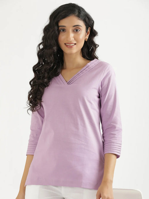 Women Lilac Airy Linen V-Neck Short Kurta