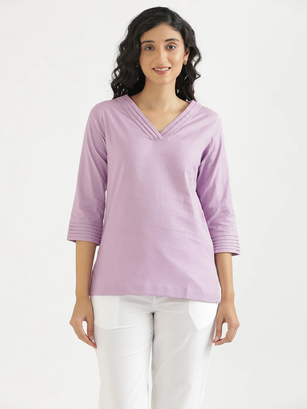 Women Lilac Airy Linen V-Neck Short Kurta
