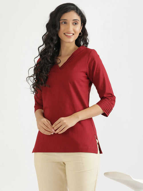Women Maroon Airy Linen V-Neck Short Kurta