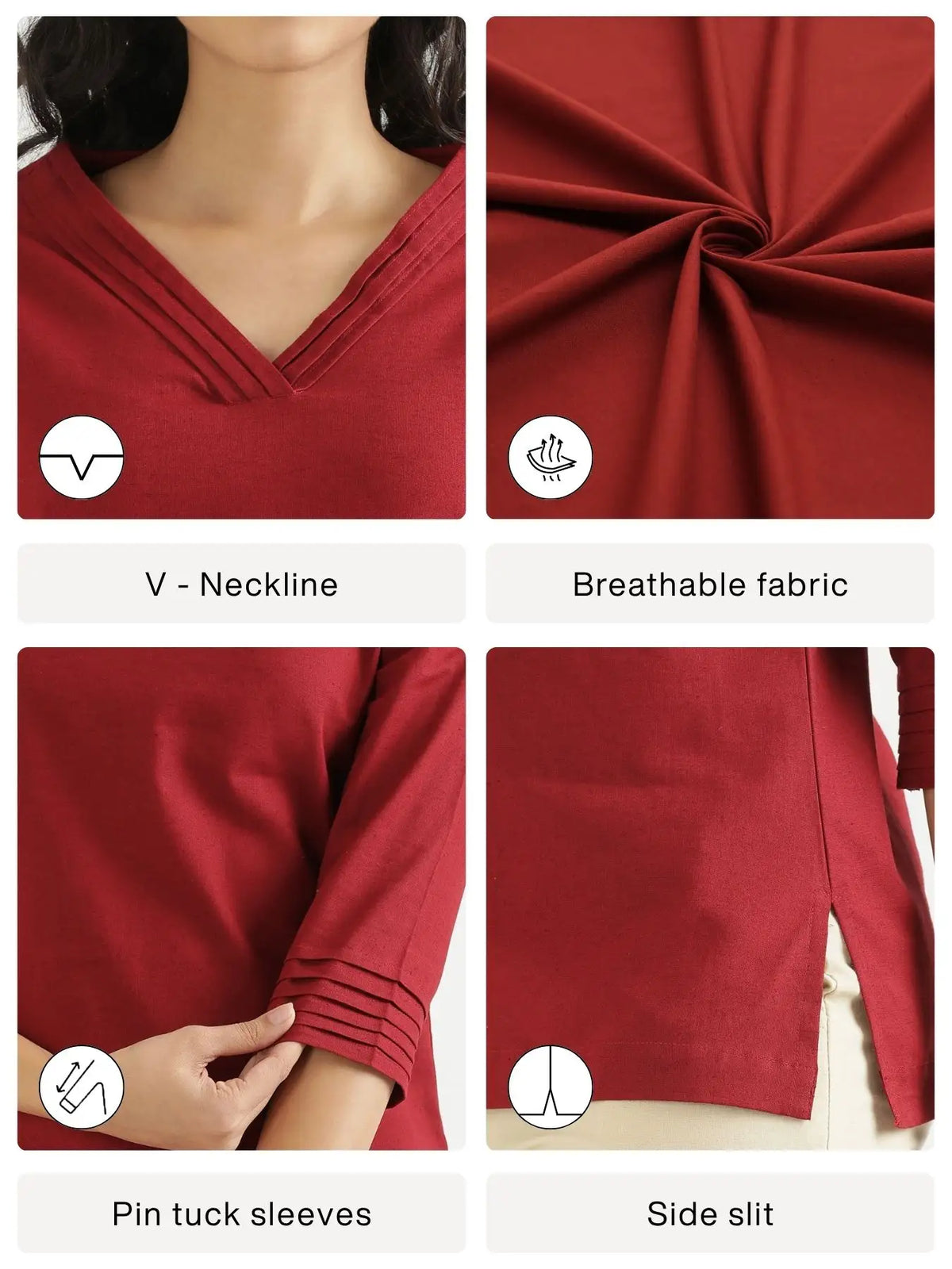 Women Maroon Airy Linen V-Neck Short Kurta