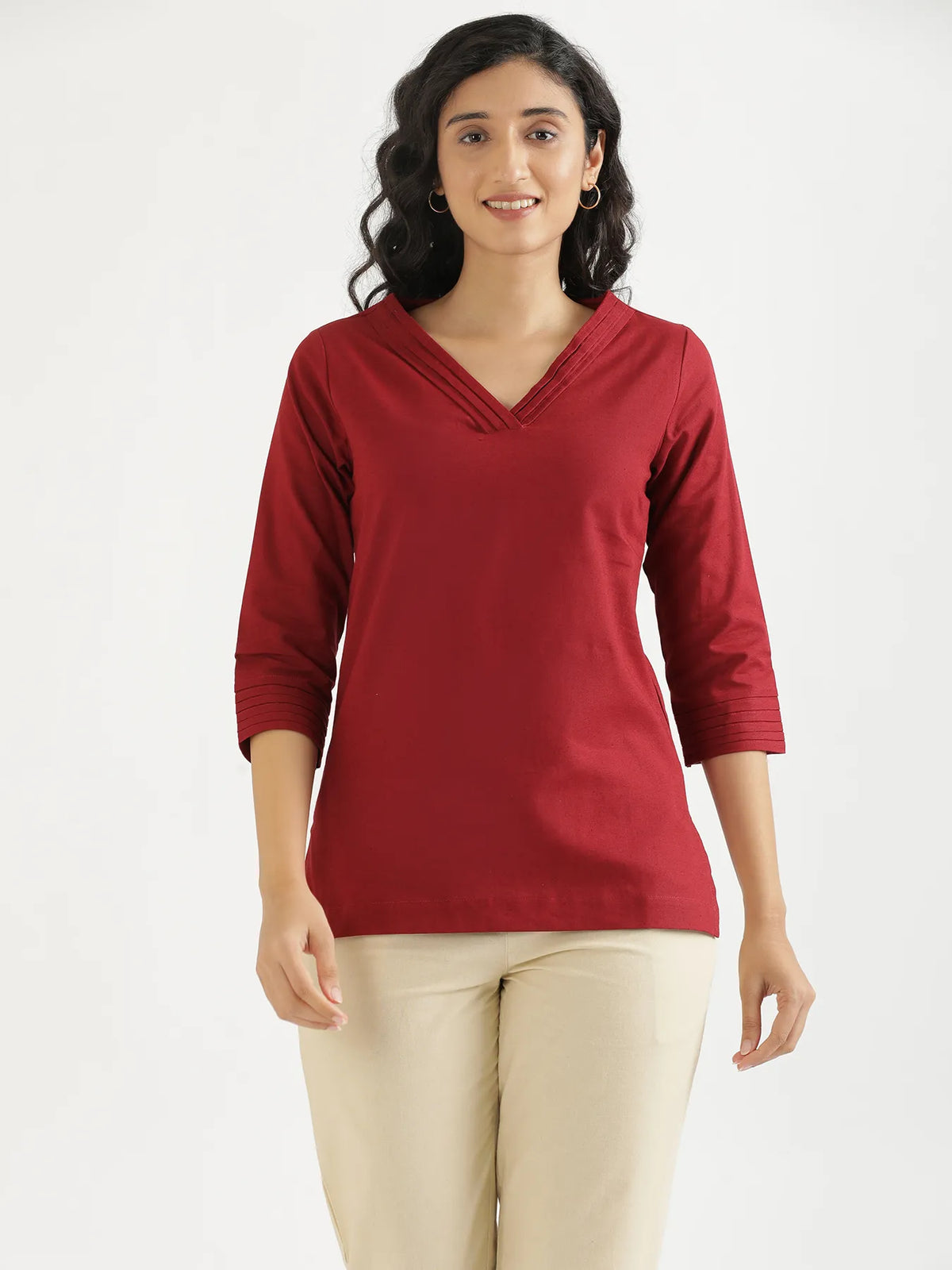 Women Maroon Airy Linen V-Neck Short Kurta