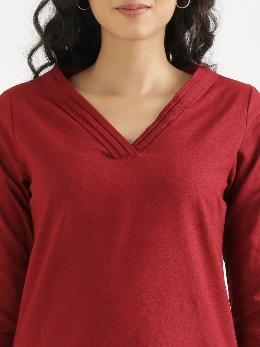 Women Maroon Airy Linen V-Neck Short Kurta