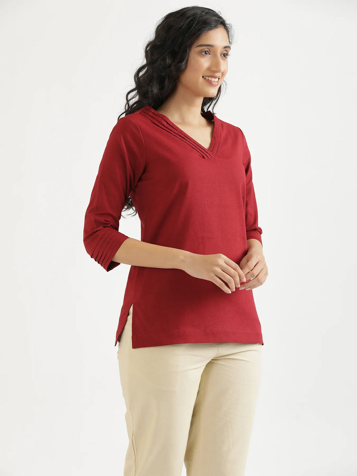 Women Maroon Airy Linen V-Neck Short Kurta