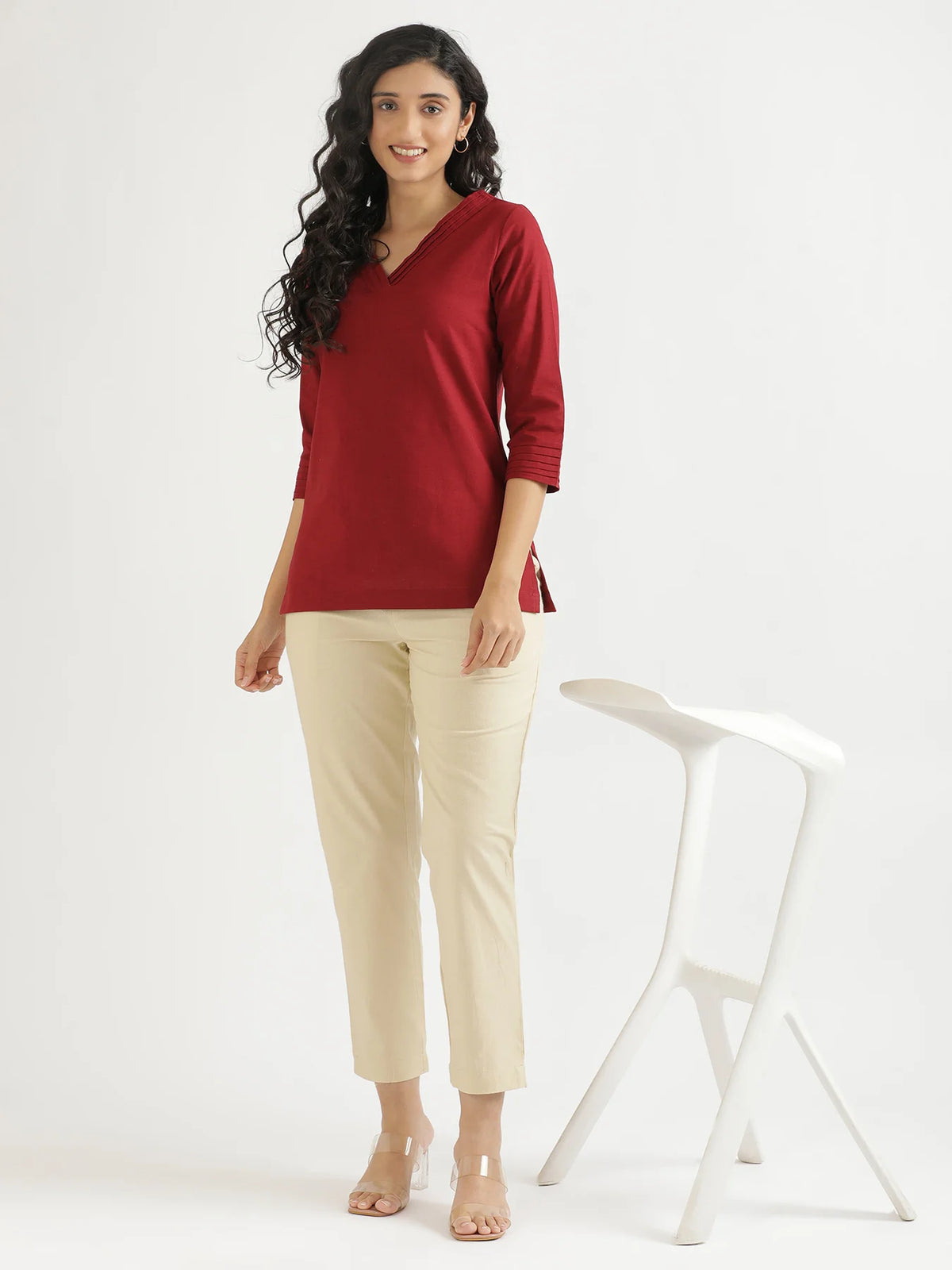 Women Maroon Airy Linen V-Neck Short Kurta