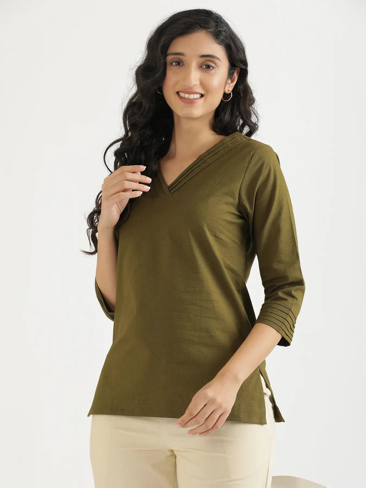 Women Olive Green Airy Linen V-Neck Short Kurta
