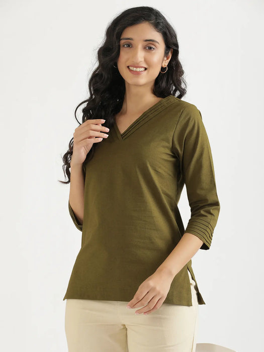Women Olive Green Airy Linen V-Neck Short Kurta