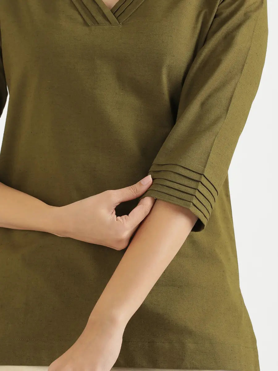 Women Olive Green Airy Linen V-Neck Short Kurta