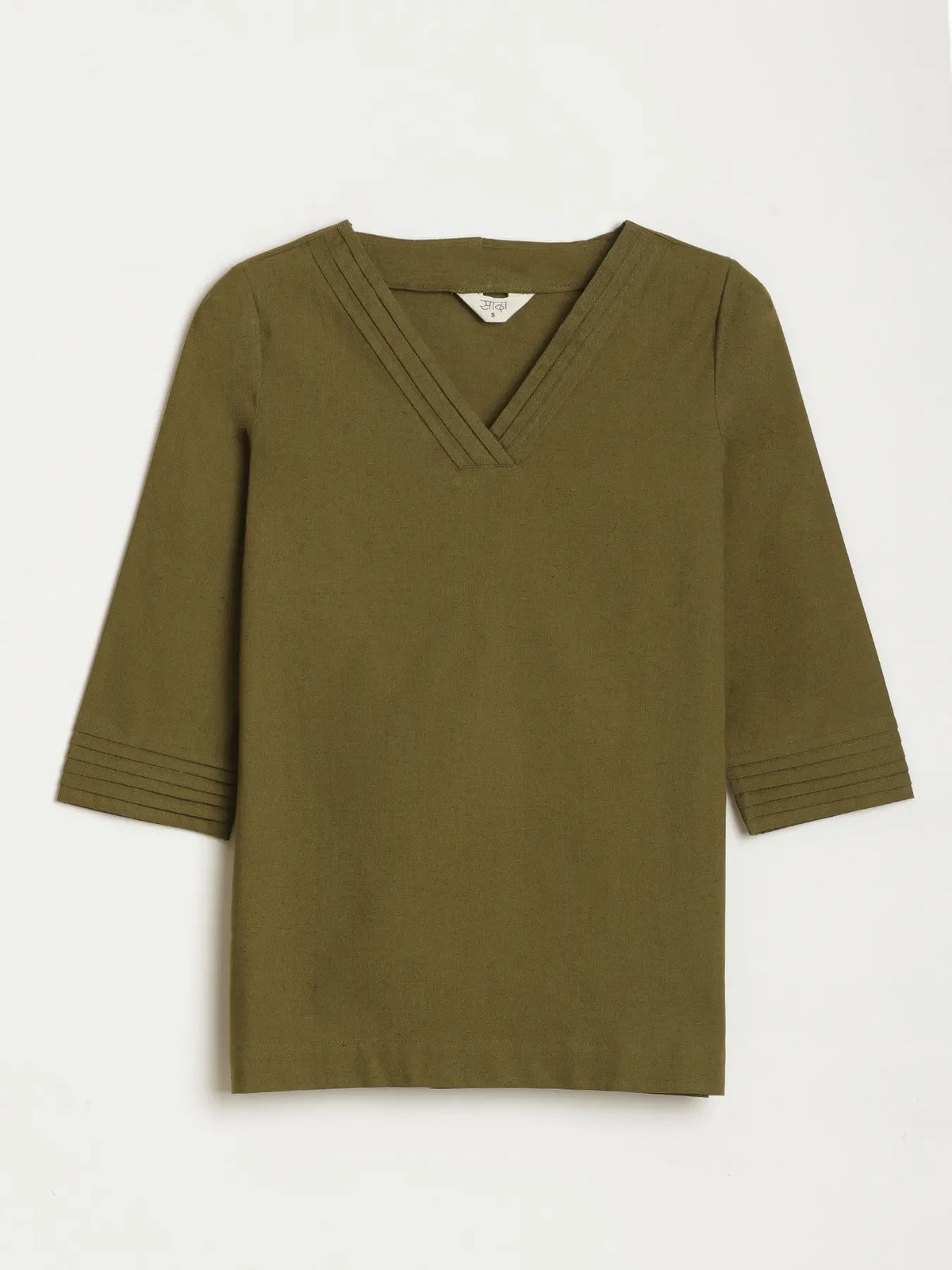 Women Olive Green Airy Linen V-Neck Short Kurta