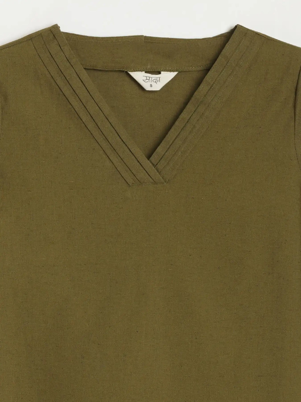 Women Olive Green Airy Linen V-Neck Short Kurta