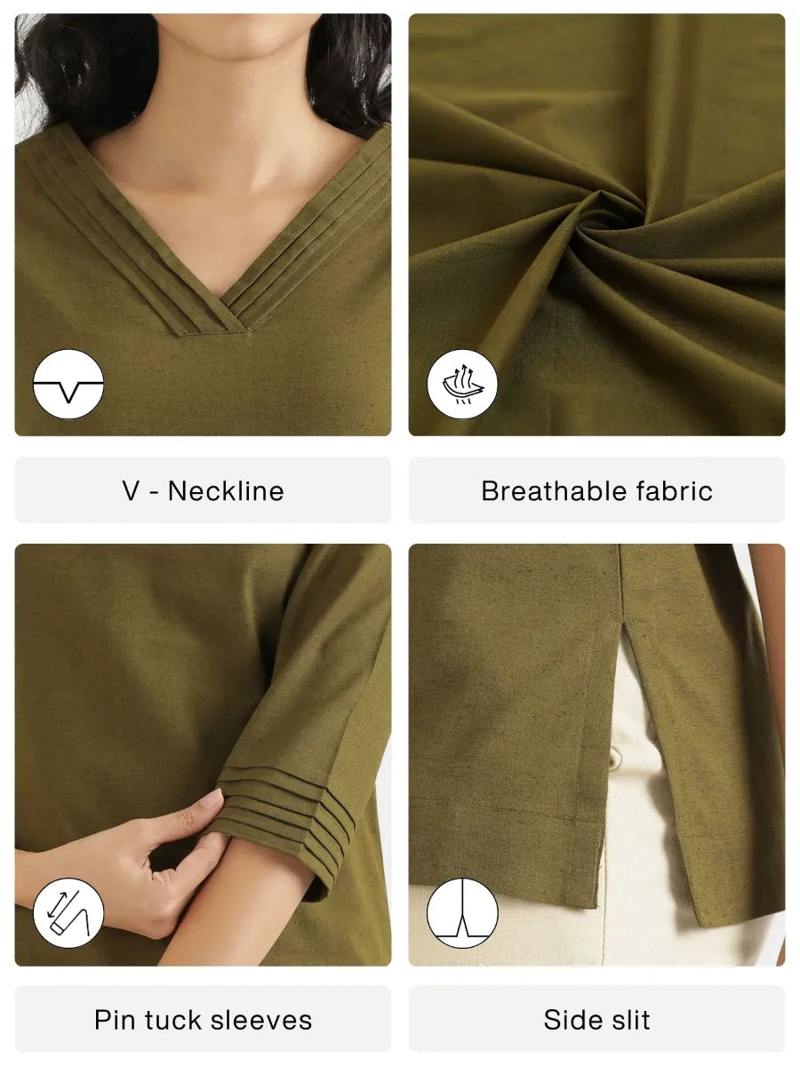 Women Olive Green Airy Linen V-Neck Short Kurta
