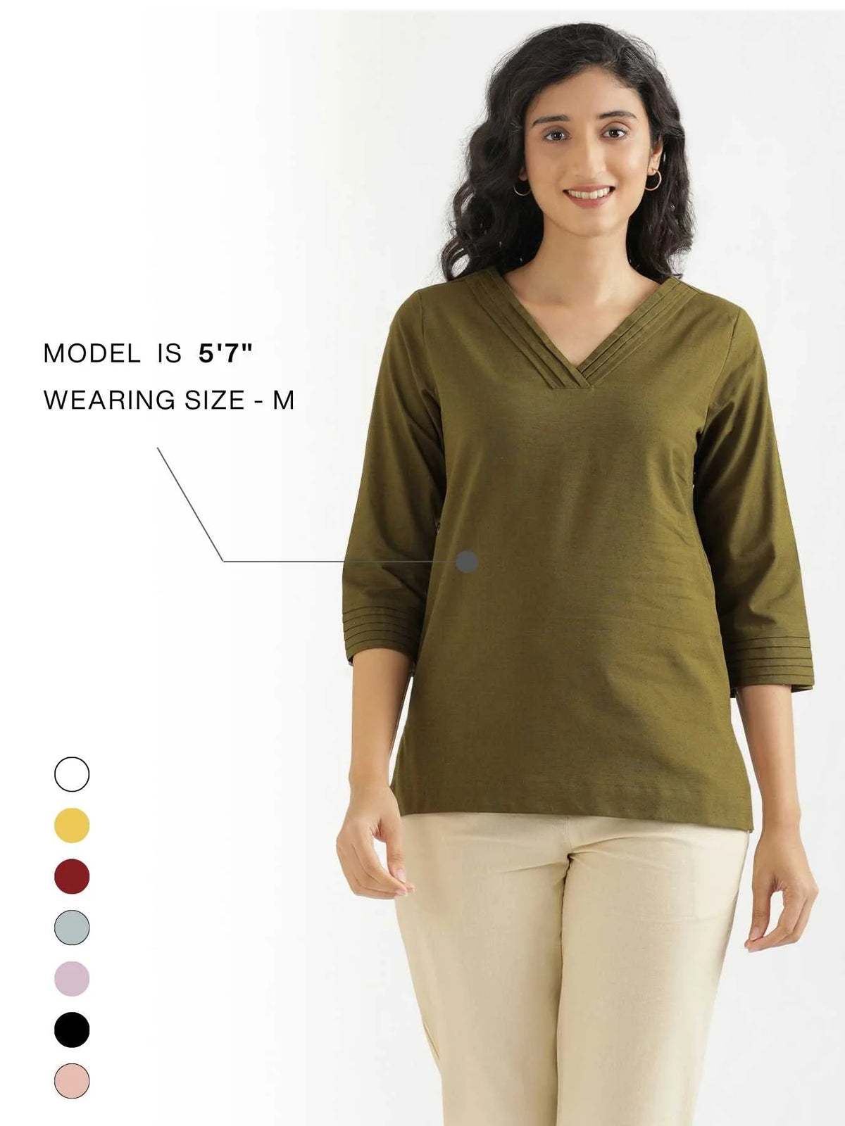 Women Olive Green Airy Linen V-Neck Short Kurta