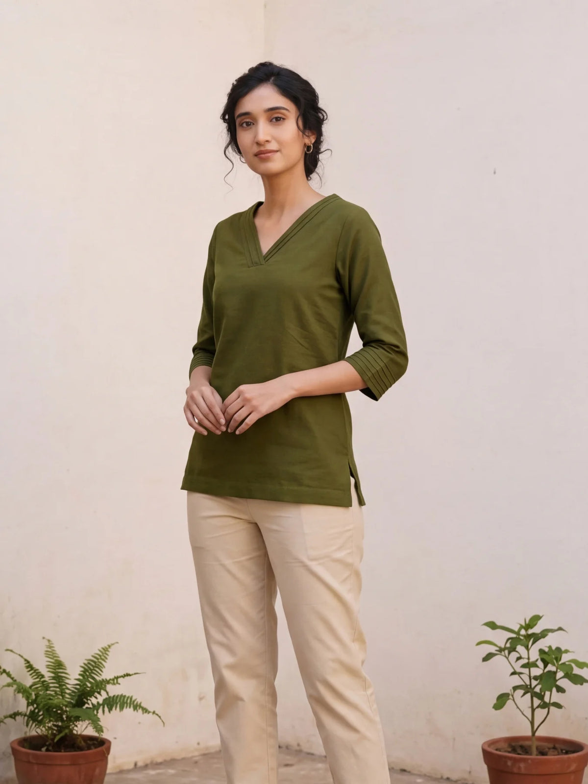 Women Olive Green Airy Linen V-Neck Short Kurta