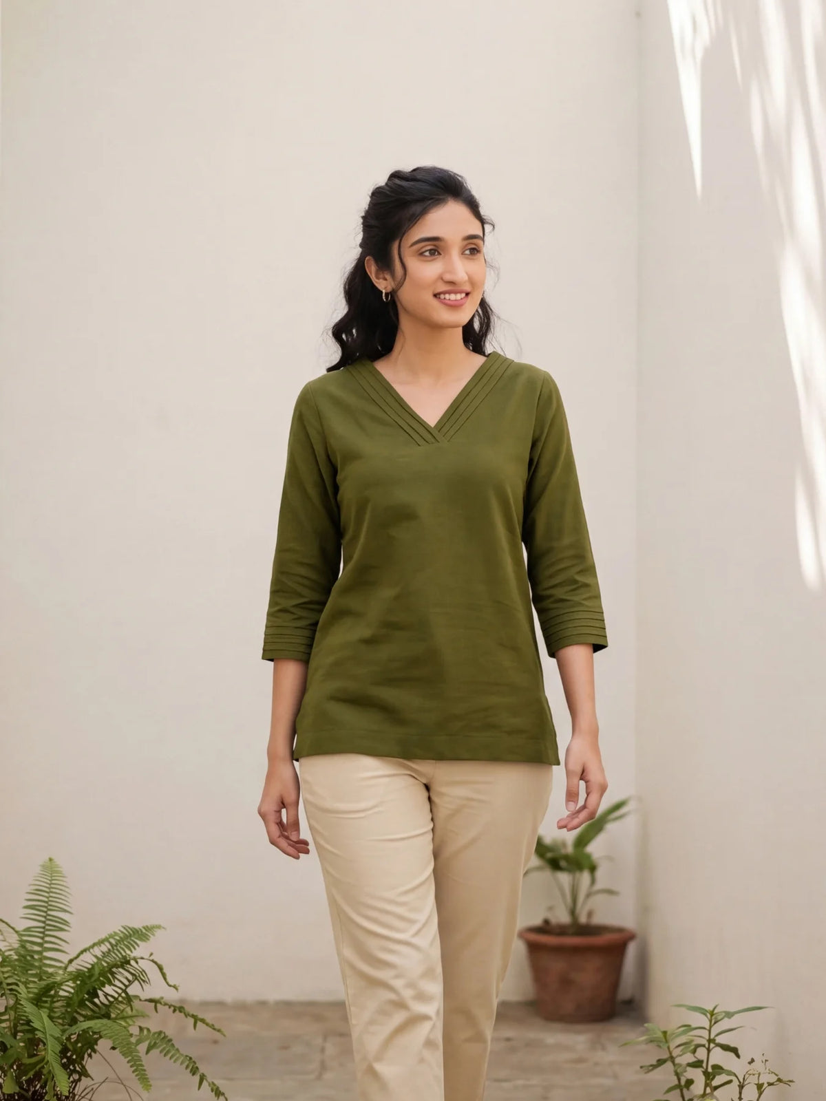 Women Olive Green Airy Linen V-Neck Short Kurta