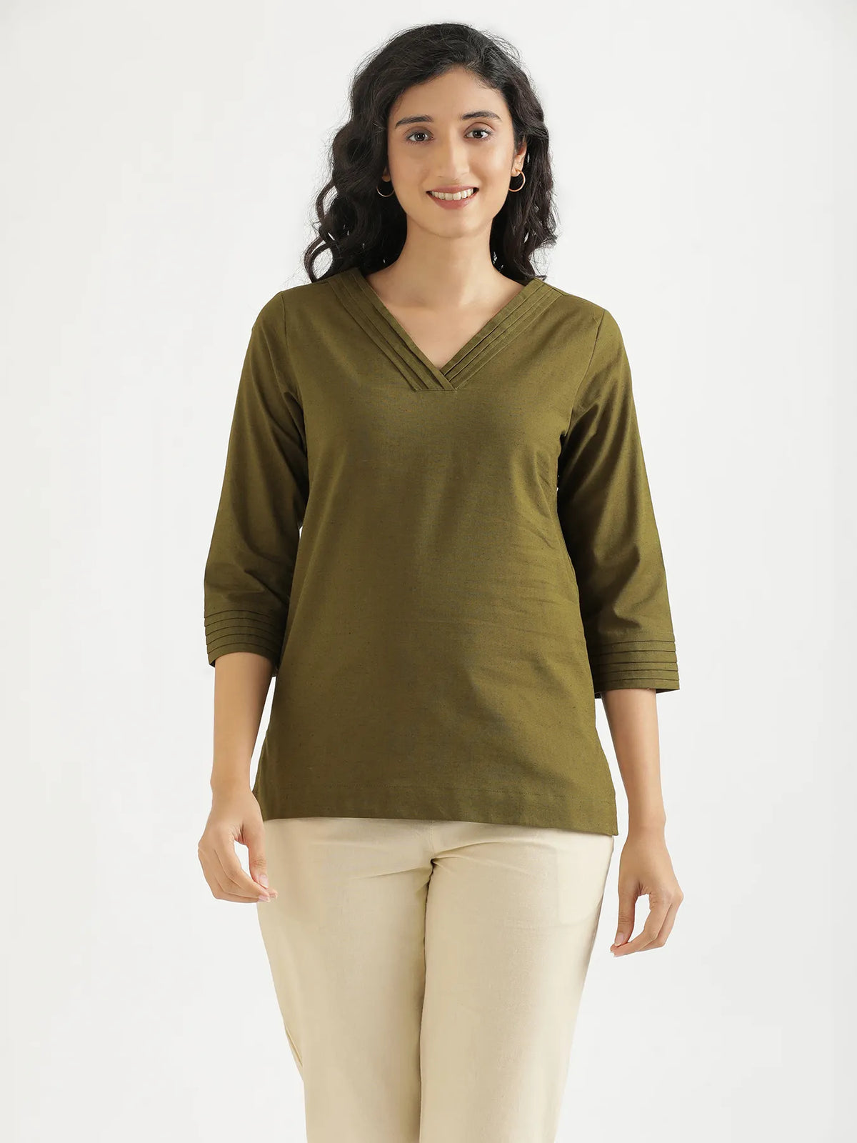 Women Olive Green Airy Linen V-Neck Short Kurta