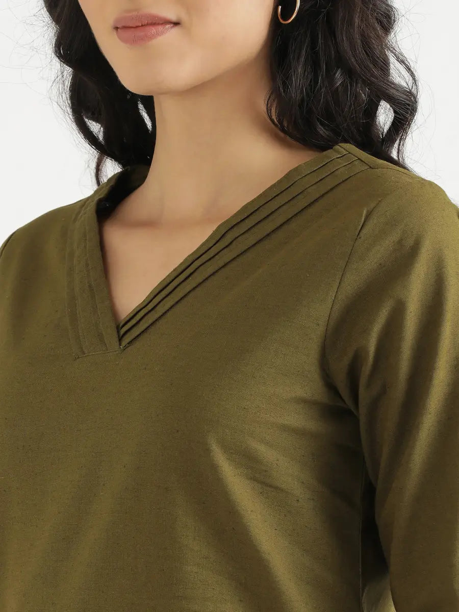 Women Olive Green Airy Linen V-Neck Short Kurta