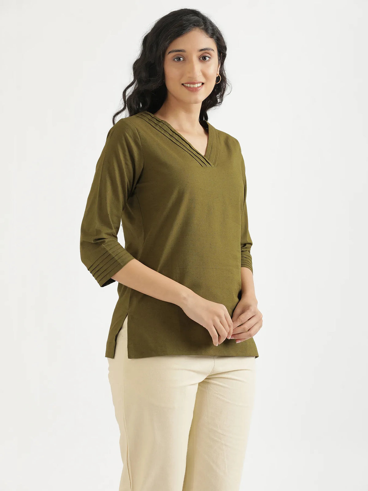 Women Olive Green Airy Linen V-Neck Short Kurta