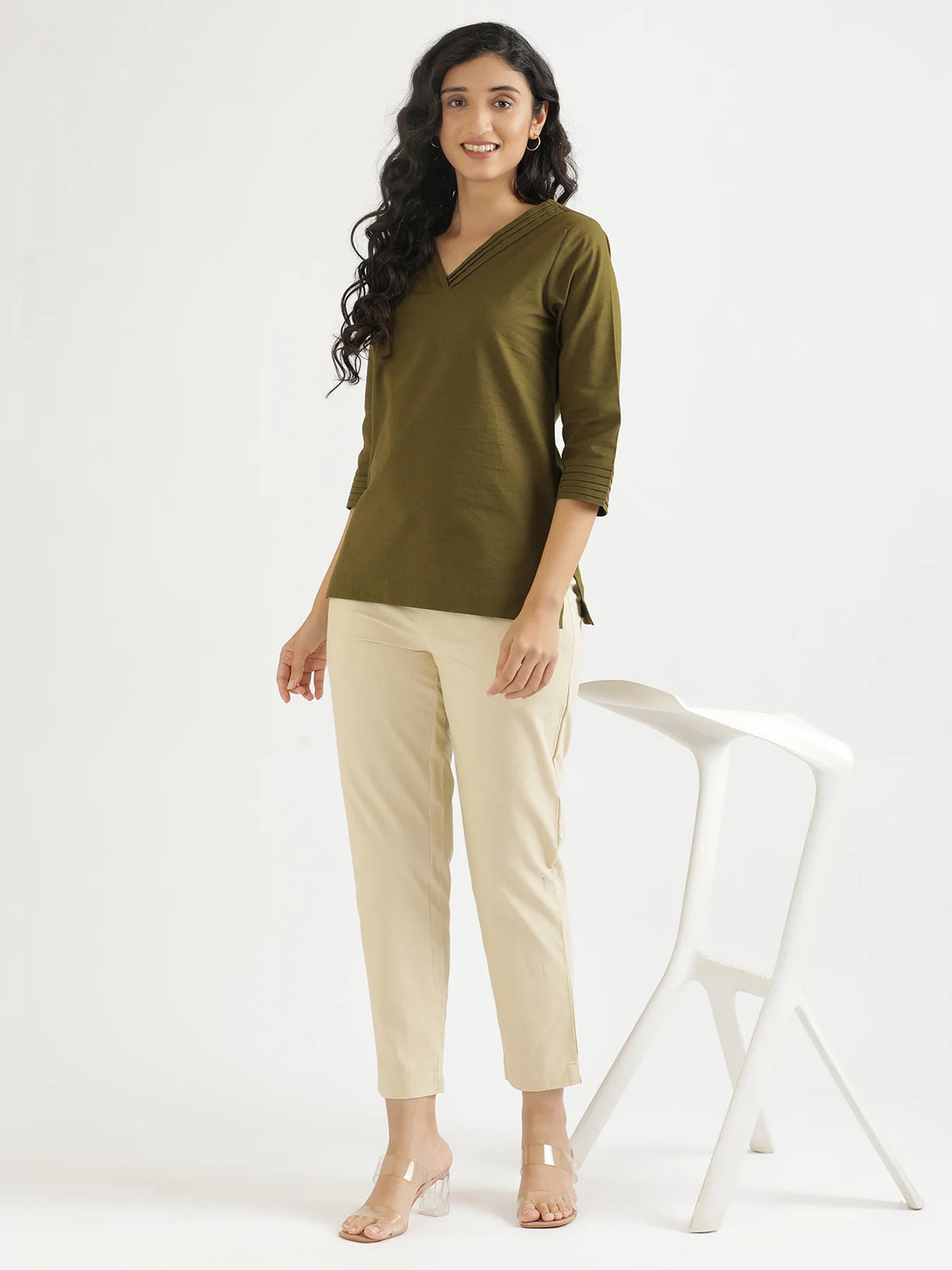 Women Olive Green Airy Linen V-Neck Short Kurta