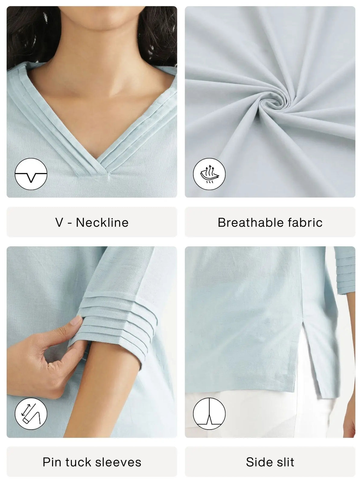 Women Sky Blue Airy Linen V-Neck Short Kurta