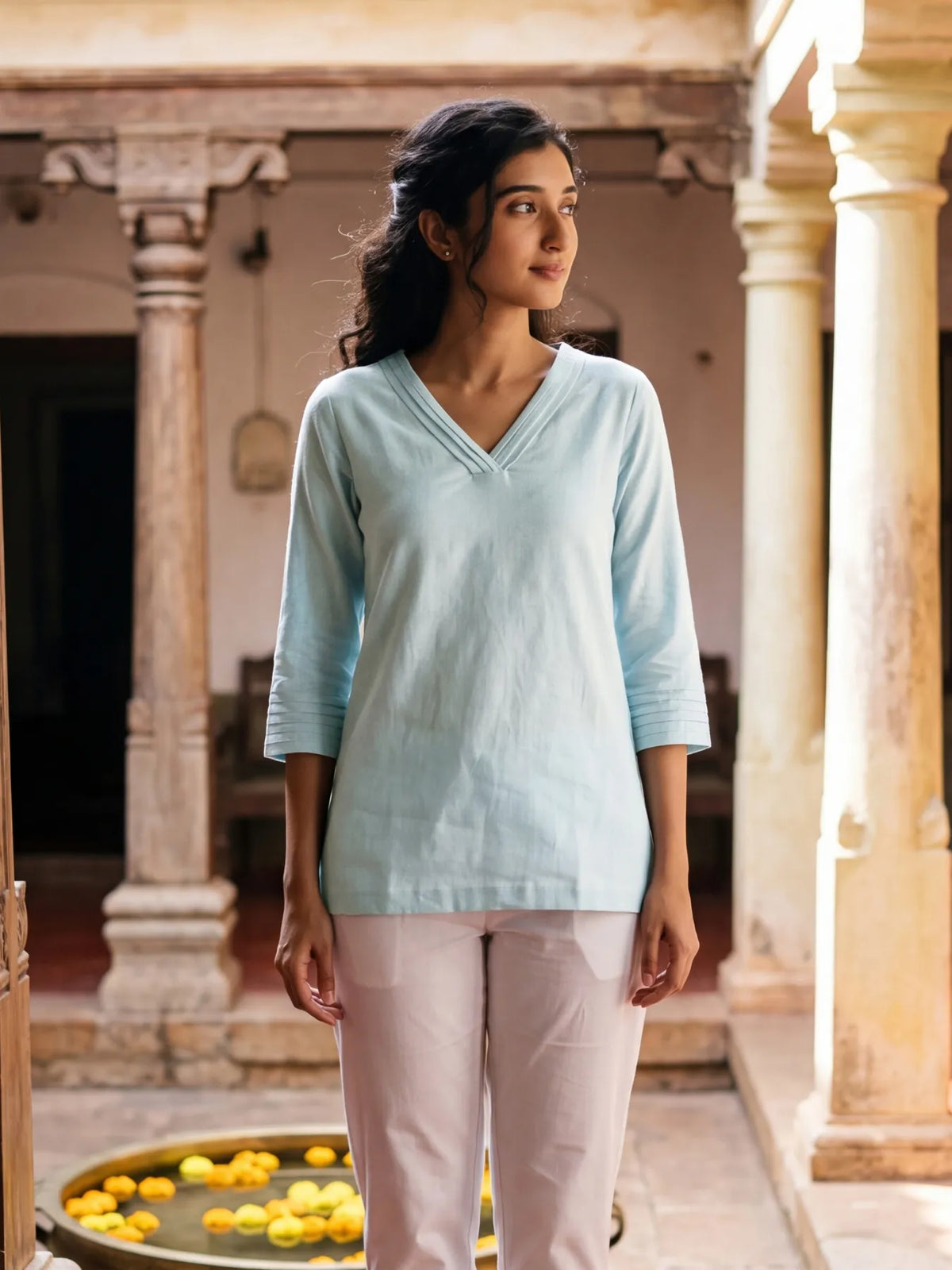 Women Sky Blue Airy Linen V-Neck Short Kurta