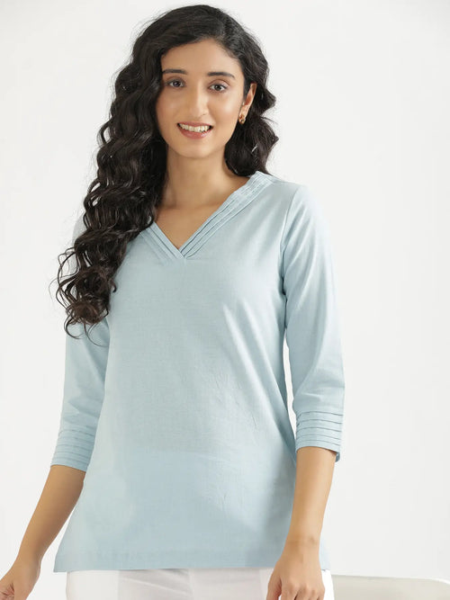 Women Sky Blue Airy Linen V-Neck Short Kurta