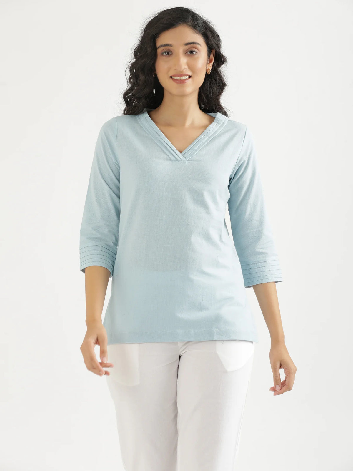 Women Sky Blue Airy Linen V-Neck Short Kurta