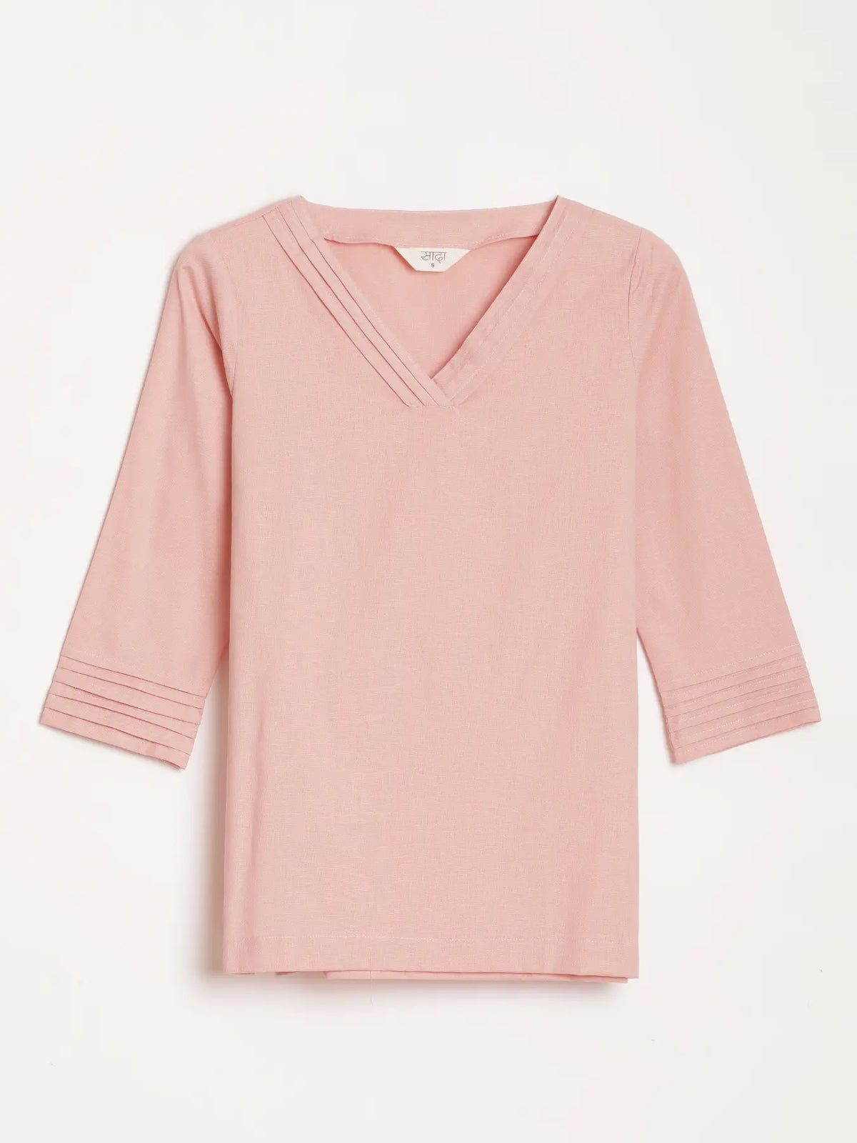 Women Salmon Pink Airy Linen V-Neck Short Kurta