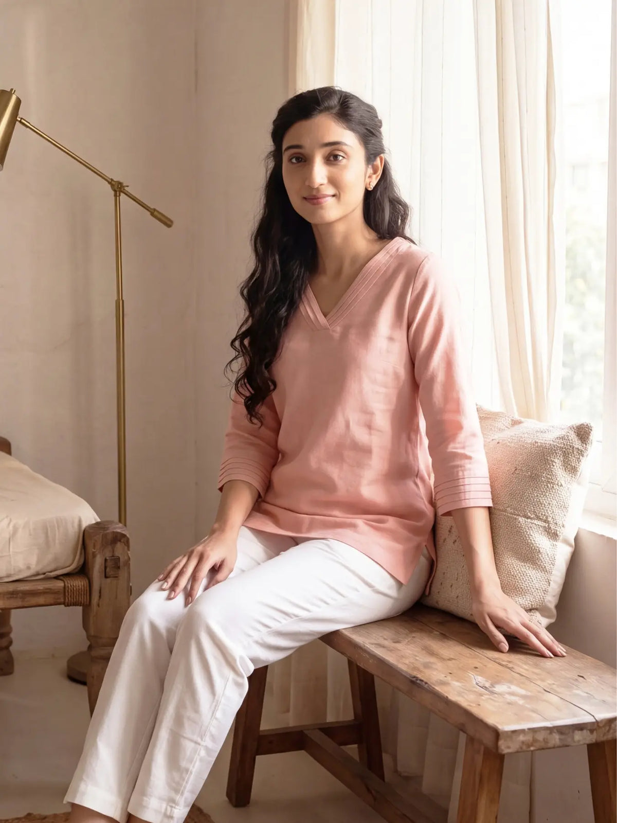 Women Salmon Pink Airy Linen V-Neck Short Kurta